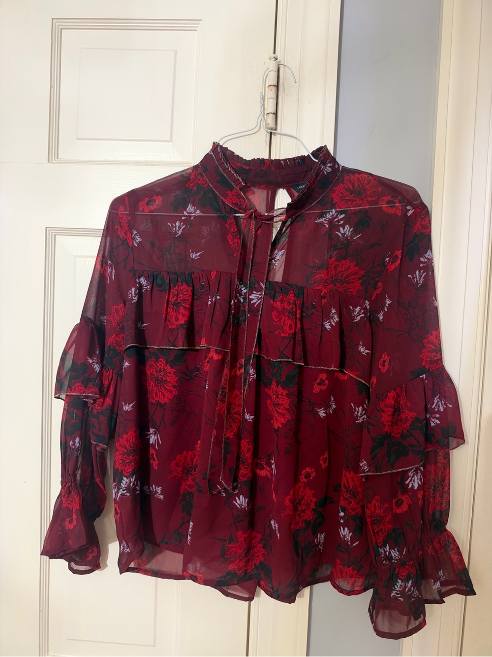 Lucky Brand Red Burgundy Floral Ruffle Tie-Neck Blouse